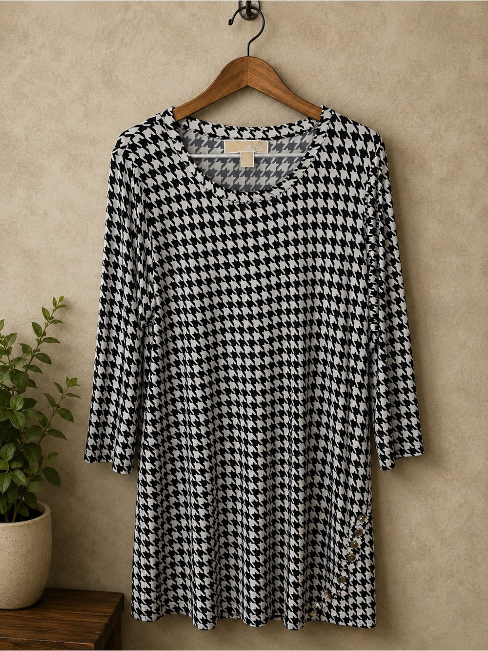 MICHAEL Michael Kors Houndstooth Shift Dress Size L Navy White 3/4 Sleeve